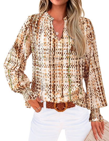 MASCOMODA Womens V Neck Floral Long Sleeve Tops 2025 Summer Casual Loose Puff Sleeve Chiffon Boho Work Blouse Dressy T Shirts