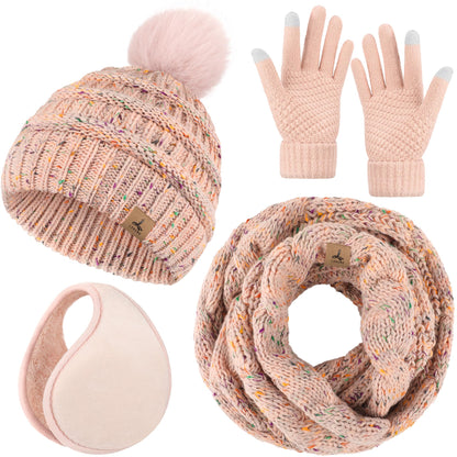Winter Hat Scarf Gloves and Ear Warmer, Warm Knit Beanie Hat Touch Screen Gloves Set Winter Gifts Neck Scarves for Women