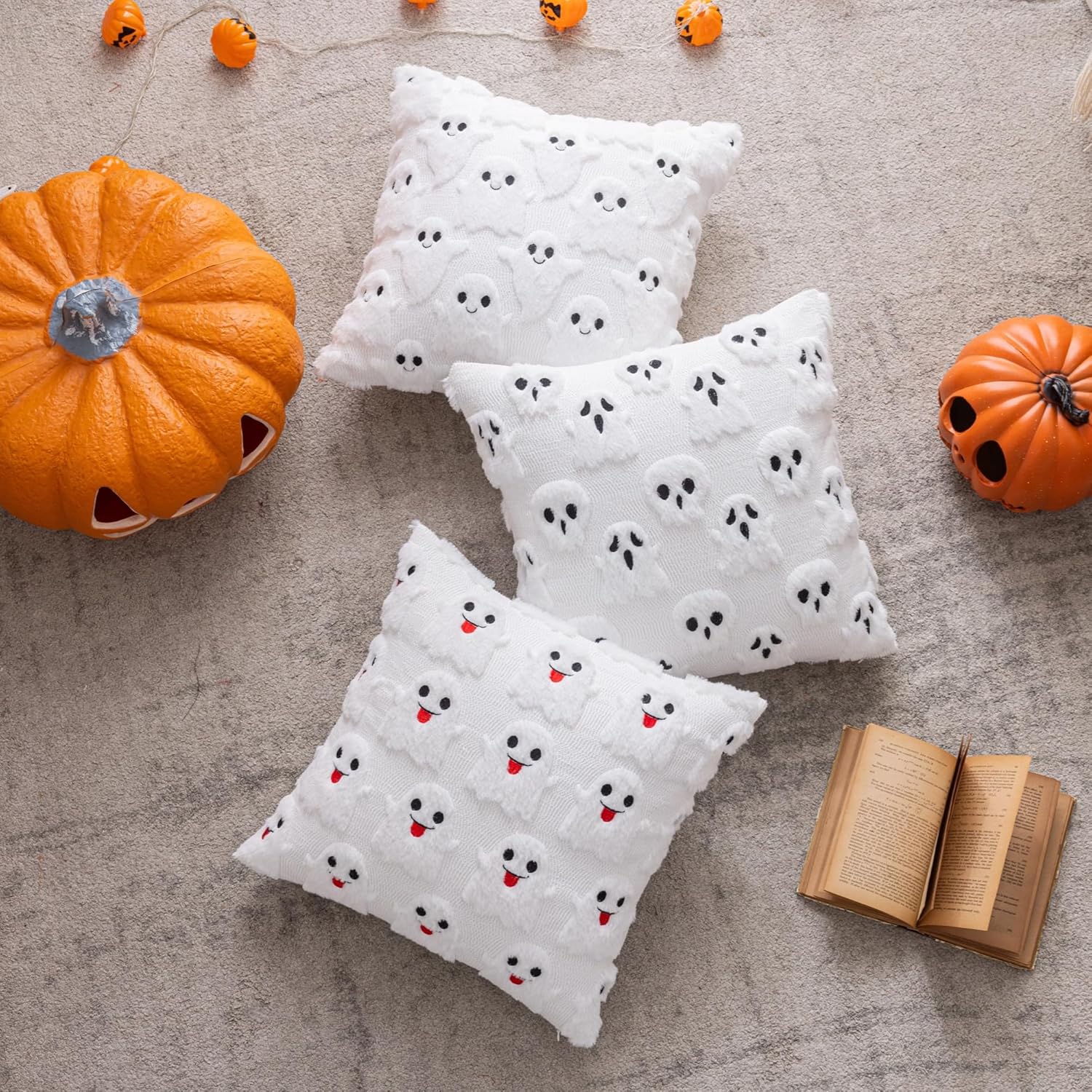 AQOTHES Halloween White Smile Ghost Throw Pillow Covers 18x18 inch Set of 2, Cute Skeleton Pillowcases Holiday Cushions Covers for Halloween Decorations Indoor Home Sofa Couch