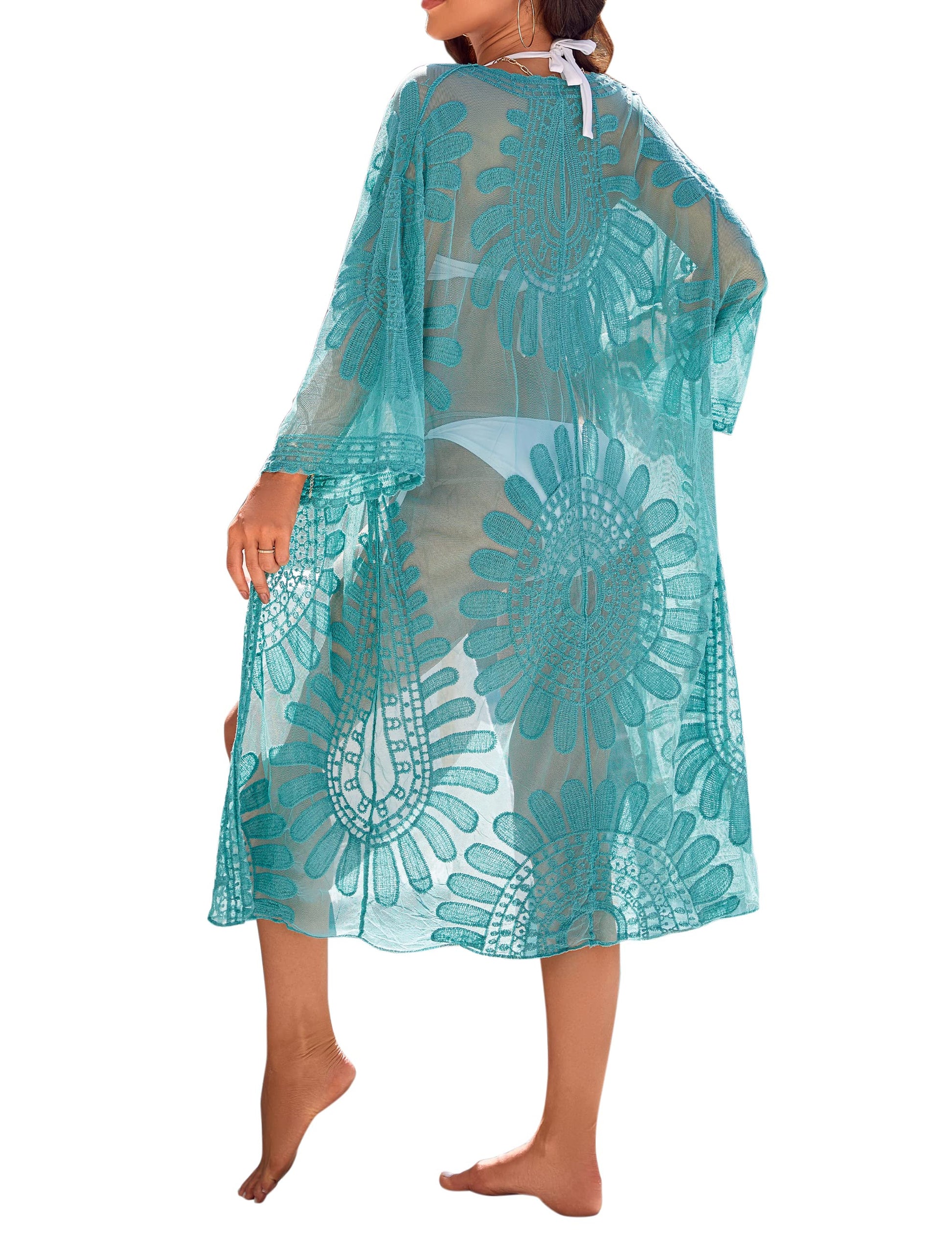 Blooming Jelly Womens Bathing Suit Cover Up 3/4 Sleeve Mesh Swimsuit Coverup Long Floral Beach Lace Kimono Summer Cardigan