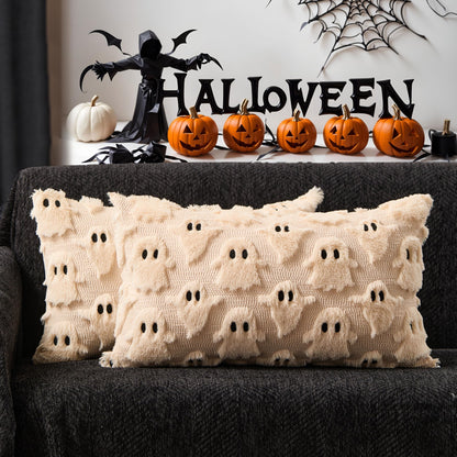 DFXSZ Halloween Pillow Covers 18x18 inch Set of 2 White Ghost Throw Pillow Cases Soft Plush Faux Fur Wool Couch Cushion Case for Chair Sofa Bedroom Living Room Home Decor PTK03A18