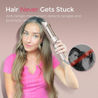 Upgraded Automatic Rotating Curling Iron - TYMO CurlPro Plus Long Barrel Curling Wand for Long Hair, Ceramic Hair Curler for Women, Anti-Scald, Tangle-Free, 600M Ionic, Dual Voltage, Gold, 1 Inch
