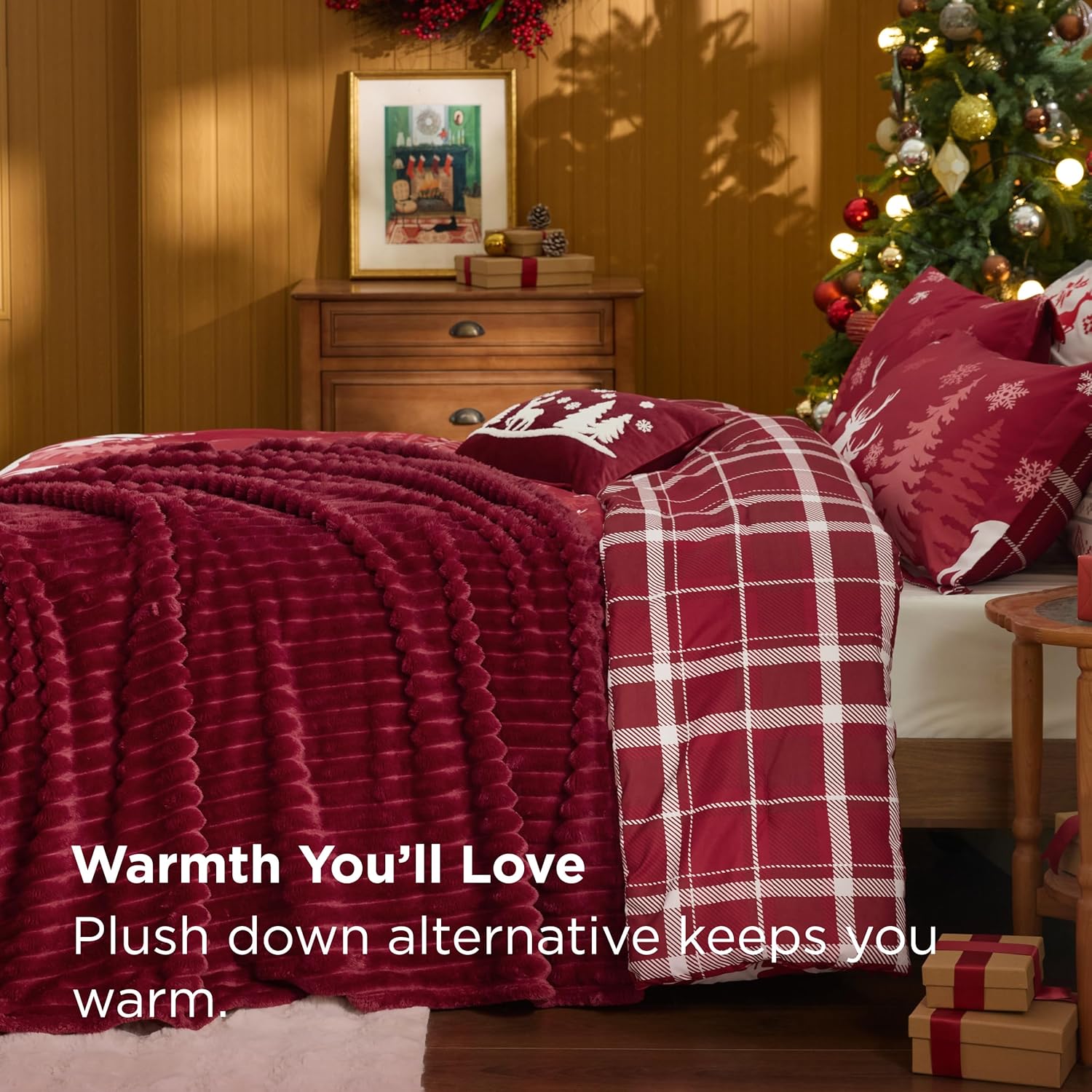 Bedsure Christmas King Comforter Set - 5 Pieces Christmas Bedding Set, King Bed in a Bag with 1 Soft Snowflake and Elk Reversible Comforter, 2 Pillow Shams, 1 Throw Blanket and 1 Decorative