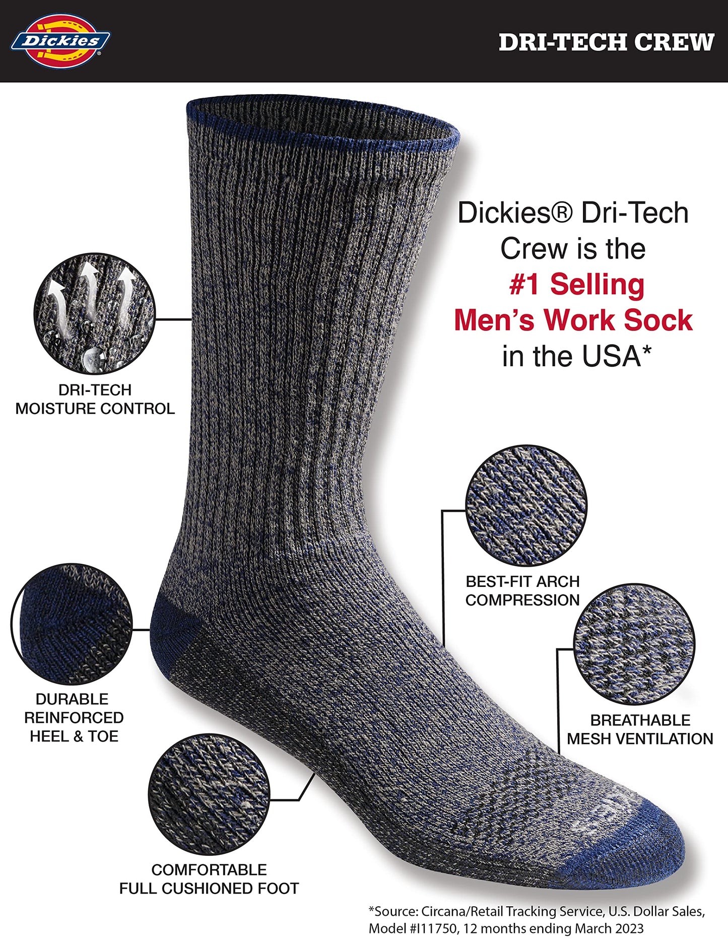 Dickies Men's Dri-Tech Original Moisture Control Crew Socks, Available in M-XXL (6, 12, 18 Pairs)