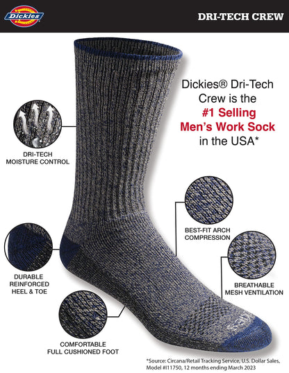 Dickies Men's Dri-Tech Original Moisture Control Crew Socks, Available in M-XXL (6, 12, 18 Pairs)