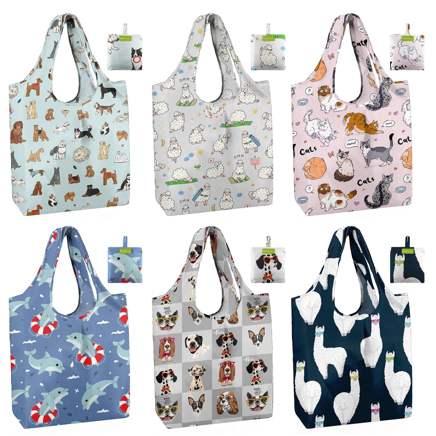 BeeGreen Christmas Reusable Gift Bags,6 Pack Large Holiday Tote Foldable Cloth Bag for Women, Cute Grocery Storage for Xmas Gifts Market Shopping, Washable Collapsible Reusable Bags with Handles​