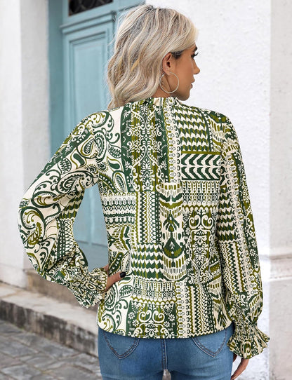 MASCOMODA Womens V Neck Floral Long Sleeve Tops 2025 Summer Casual Loose Puff Sleeve Chiffon Boho Work Blouse Dressy T Shirts