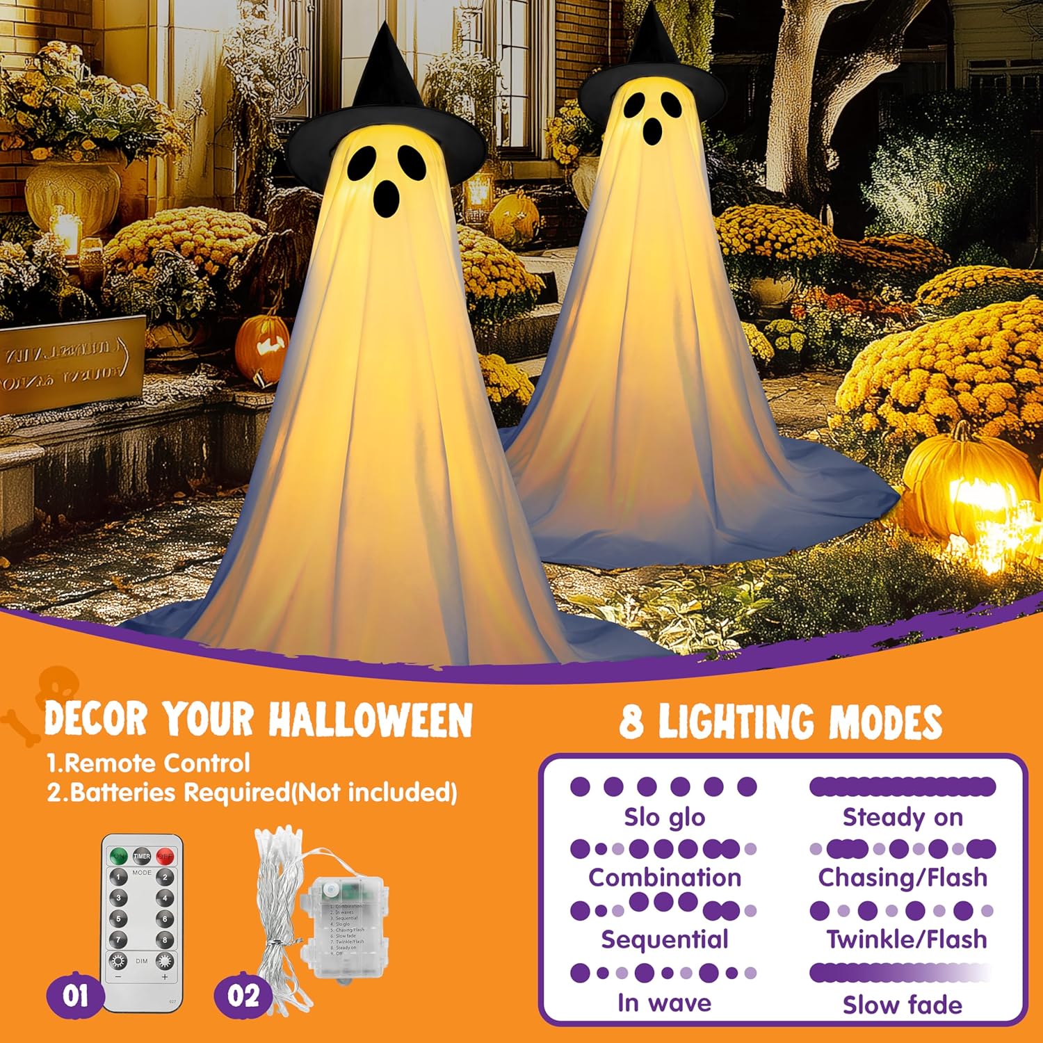 JOYIN 2 Packs 47'' Halloween Decorations Outdoor Standing Ghost, Light Up Spooky Ghost with Witch Hat & Remote Control, Glowing Halloween Decor for Yard Porch Lawn Garden Party Supplies Haunted House