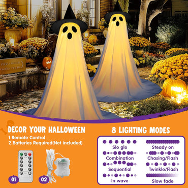 JOYIN 2 Packs 47'' Halloween Decorations Outdoor Standing Ghost, Light Up Spooky Ghost with Witch Hat & Remote Control, Glowing Halloween Decor for Yard Porch Lawn Garden Party Supplies Haunted House
