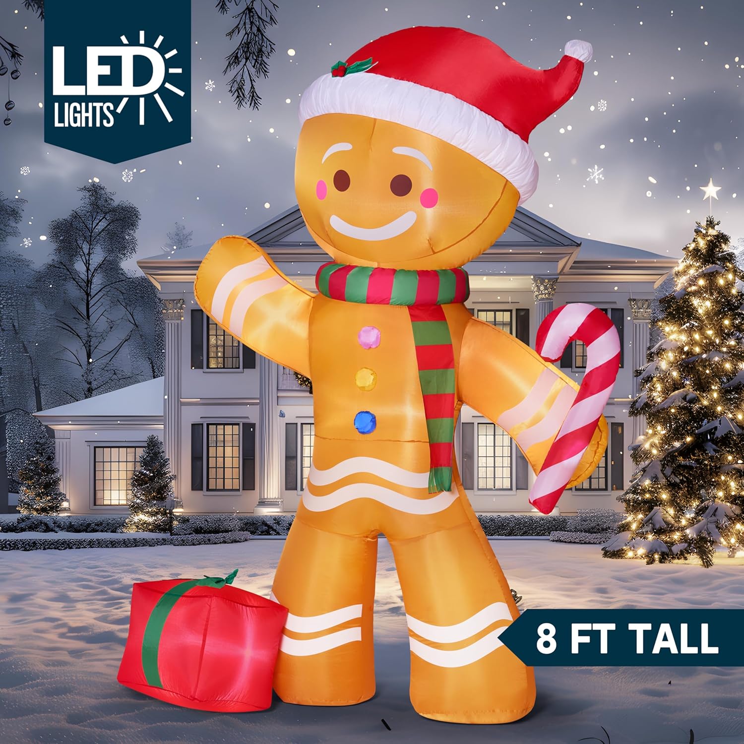 Joiedomi 8 FT Christmas Inflatables Gingerbread Man with Candy Cane, Christmas Blow Ups Gingerbread Inflatable Yard Decoration with Build-in LEDs for Xmas, Party, Outdoor, Yard, Garden, Lawn Décor