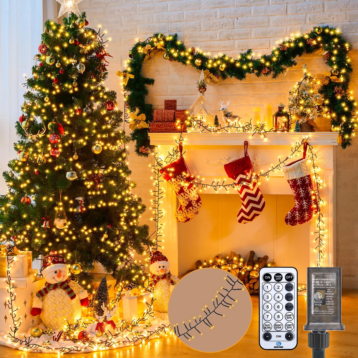Cluster-Lights-Christmas-Tree-Lights-Outdoor, 1000 LED 50 Ft Christmas Firecrackers String Lights, 12 Modes Timer Remote Waterproof Plug in Twinkle Fairy Lights for Xmas Tree Garland Window Party