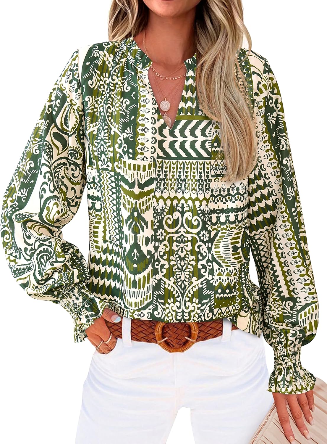 MASCOMODA Womens V Neck Floral Long Sleeve Tops 2025 Summer Casual Loose Puff Sleeve Chiffon Boho Work Blouse Dressy T Shirts