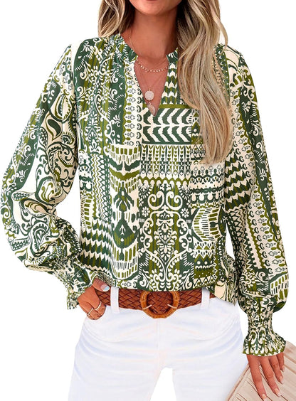 MASCOMODA Womens V Neck Floral Long Sleeve Tops 2025 Summer Casual Loose Puff Sleeve Chiffon Boho Work Blouse Dressy T Shirts