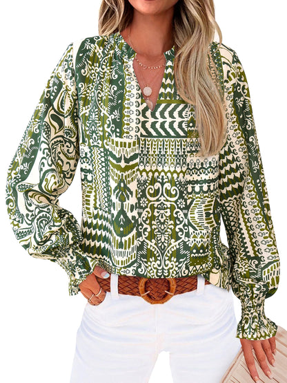 MASCOMODA Womens V Neck Floral Long Sleeve Tops 2025 Summer Casual Loose Puff Sleeve Chiffon Boho Work Blouse Dressy T Shirts