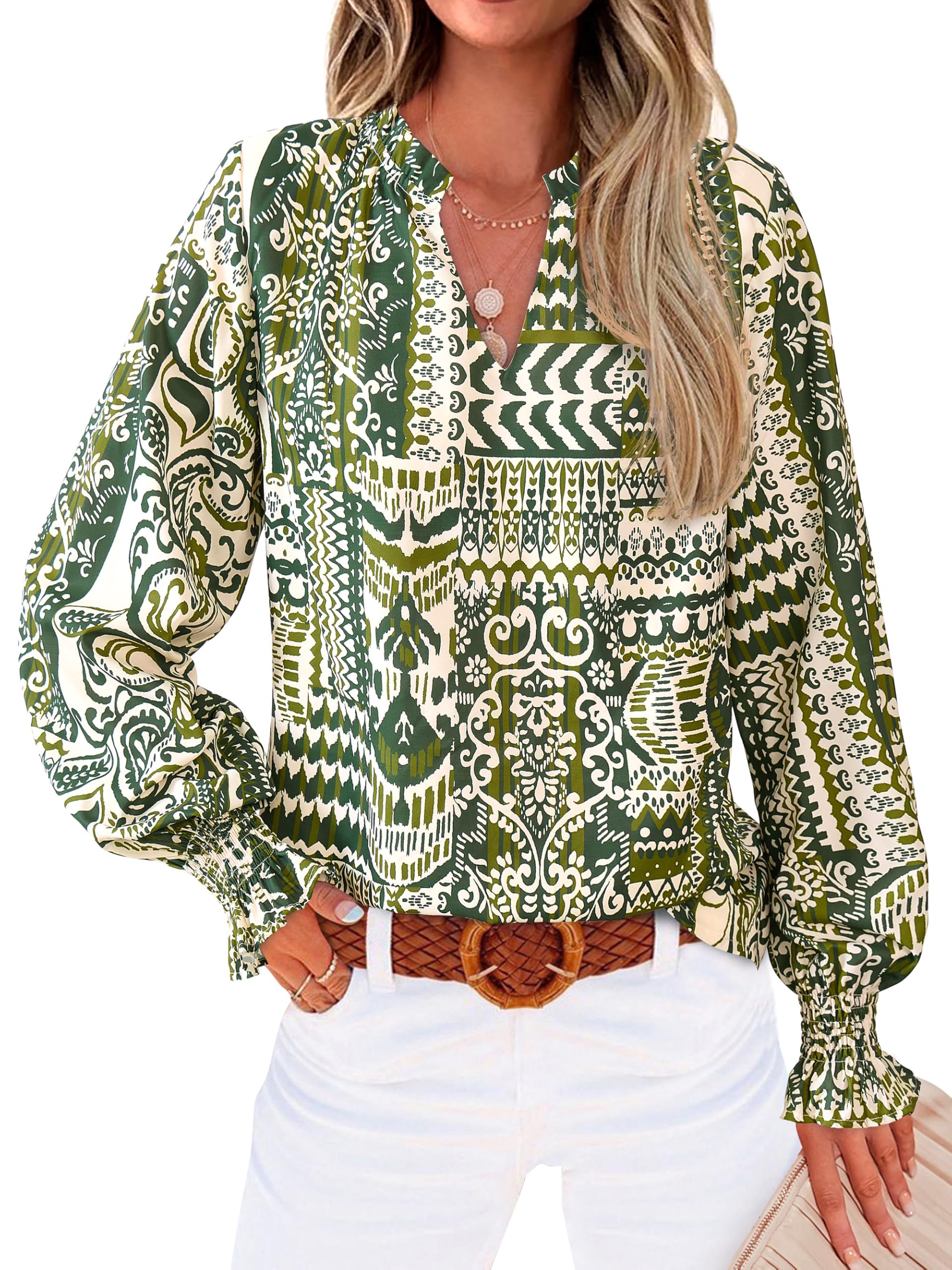 MASCOMODA Womens V Neck Floral Long Sleeve Tops 2025 Summer Casual Loose Puff Sleeve Chiffon Boho Work Blouse Dressy T Shirts