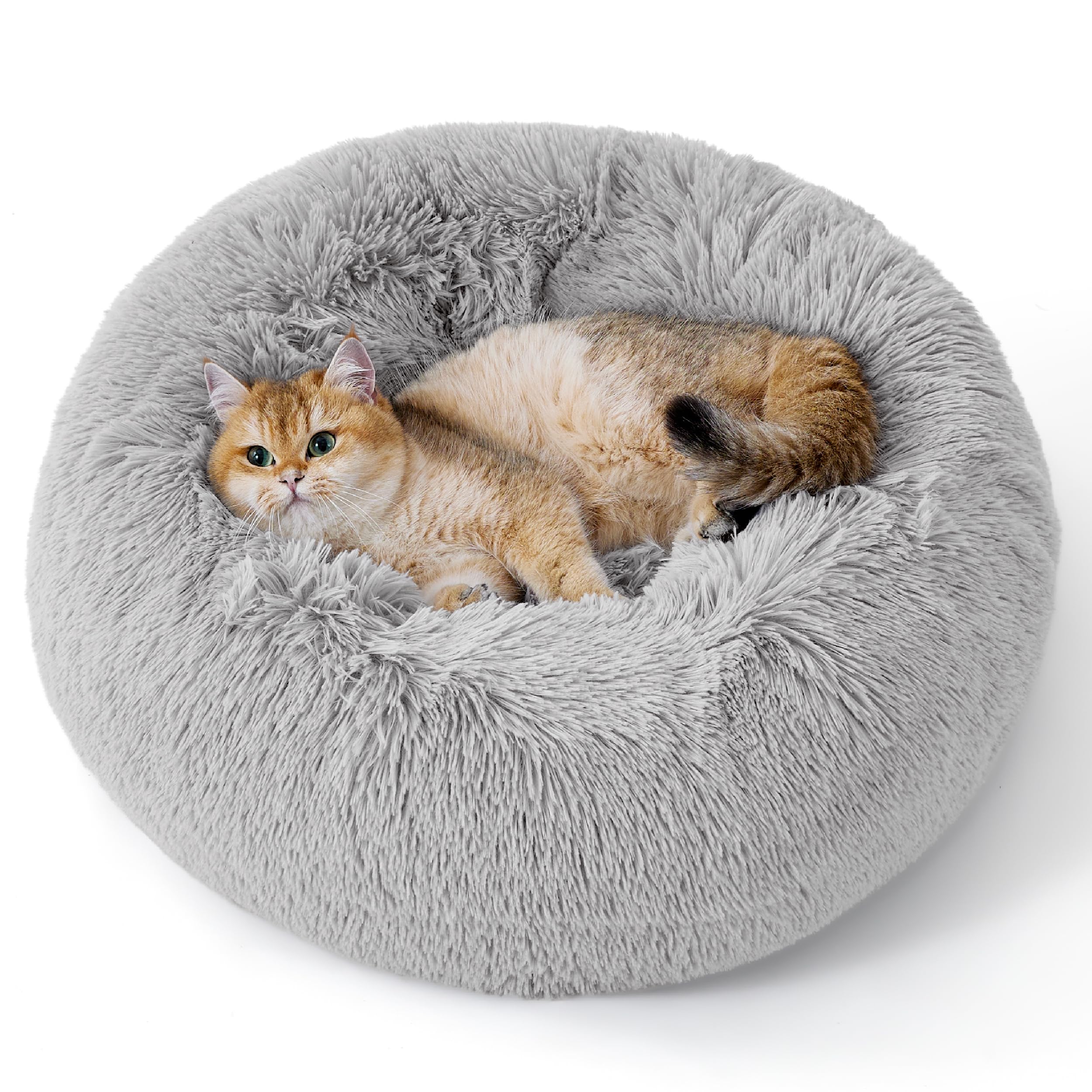 Bedsure Calming Dog Bed for Small Dogs - Donut Washable Small Pet Bed, 23 inches Anti-Slip Round Fluffy Plush Faux Fur Large Cat Bed, Fits up to 25 lbs Pets, Camel