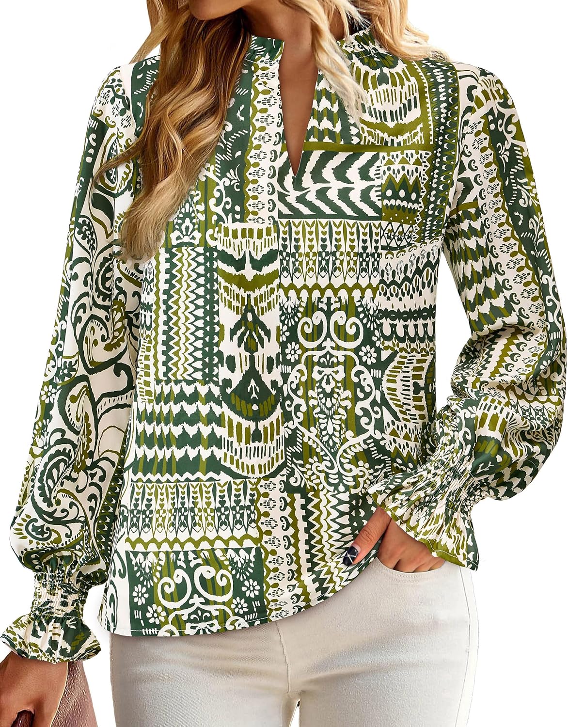 MASCOMODA Womens V Neck Floral Long Sleeve Tops 2025 Summer Casual Loose Puff Sleeve Chiffon Boho Work Blouse Dressy T Shirts