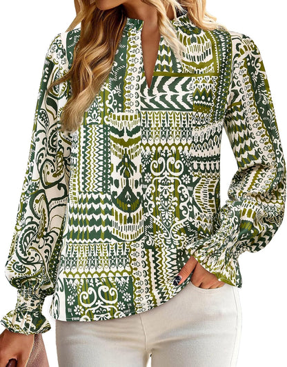 MASCOMODA Womens V Neck Floral Long Sleeve Tops 2025 Summer Casual Loose Puff Sleeve Chiffon Boho Work Blouse Dressy T Shirts