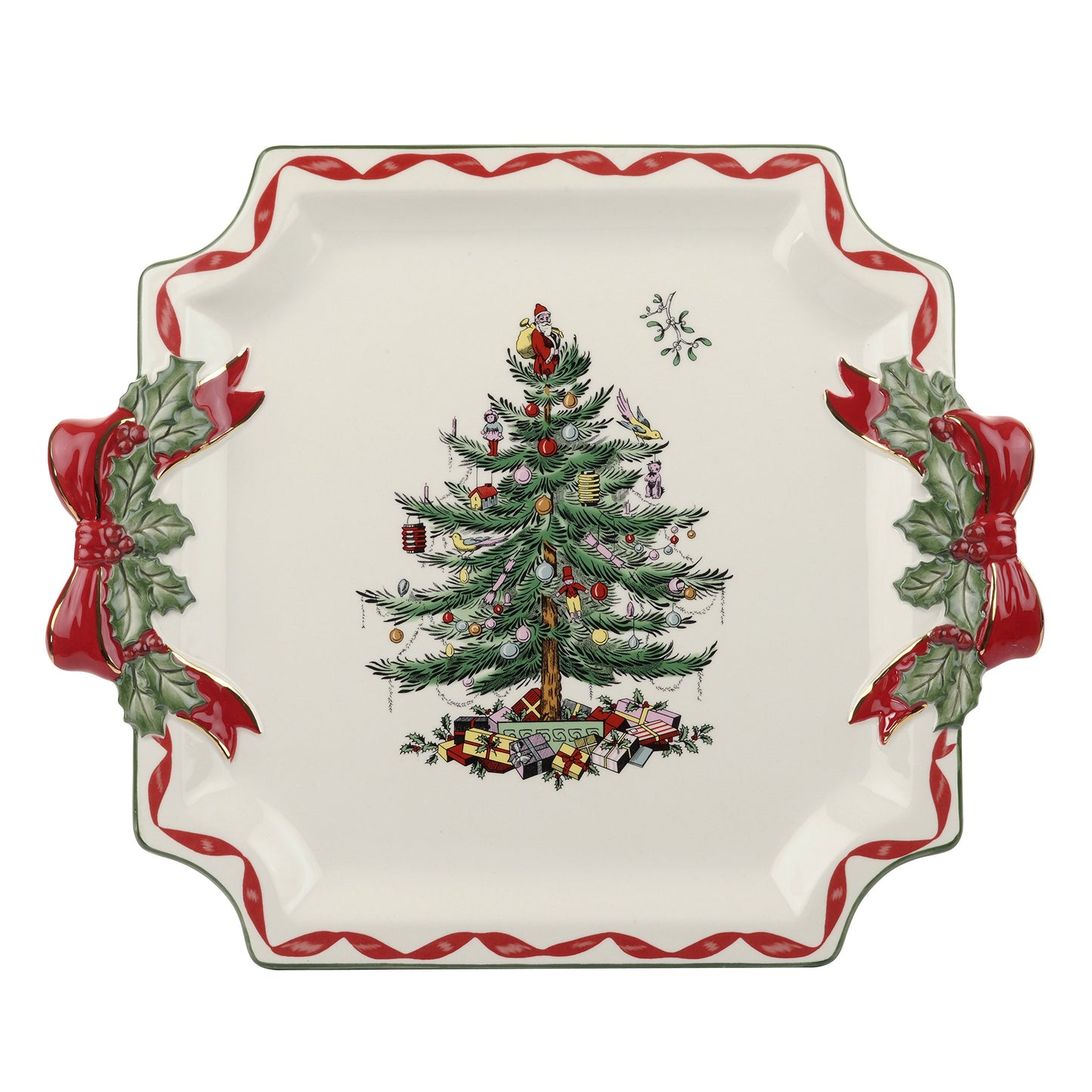 Spode Christmas Tree Ribbons Canape Platter - 6.5-Inch Holiday Serving Plate for Desserts, Appetizers, and Treats - Festive Earthenware Christmas Dinnerware with Gold Accents - Dishwasher Safe