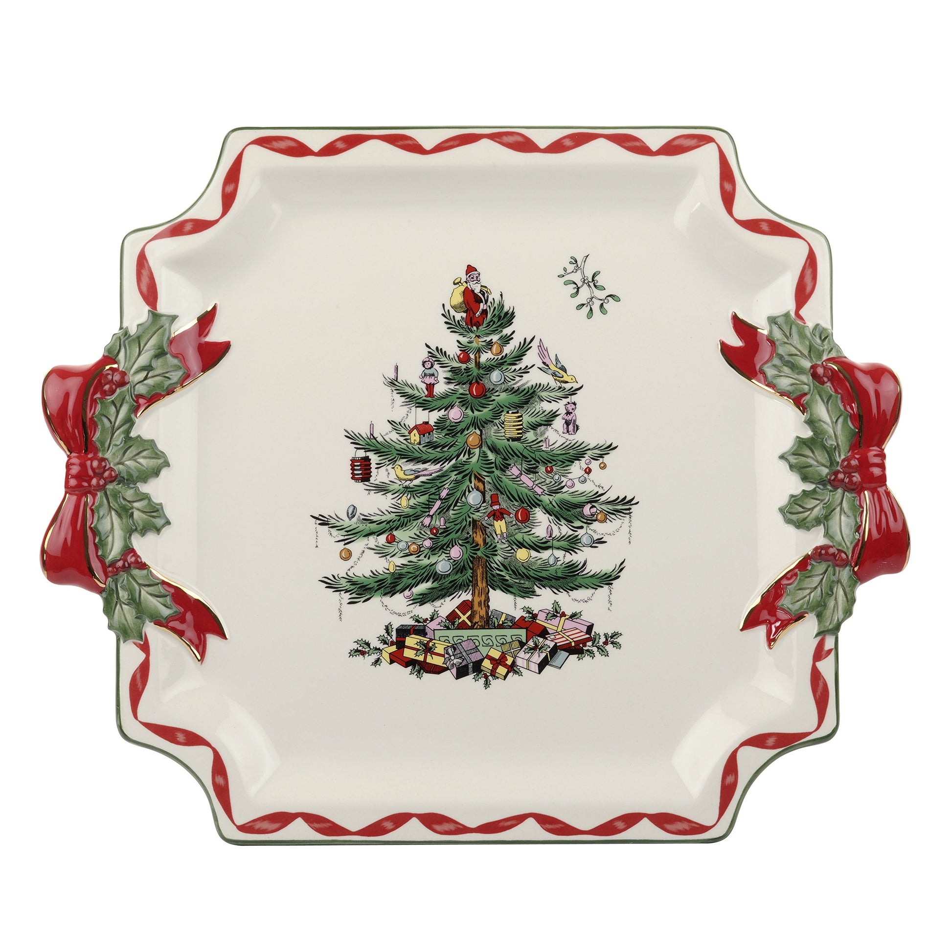 Spode Christmas Tree Ribbons Canape Platter - 6.5-Inch Holiday Serving Plate for Desserts, Appetizers, and Treats - Festive Earthenware Christmas Dinnerware with Gold Accents - Dishwasher Safe