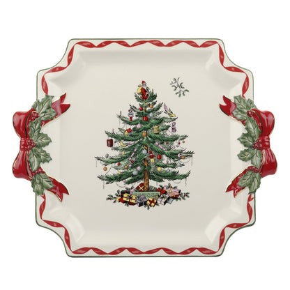 Spode Christmas Tree Ribbons Canape Platter - 6.5-Inch Holiday Serving Plate for Desserts, Appetizers, and Treats - Festive Earthenware Christmas Dinnerware with Gold Accents - Dishwasher Safe