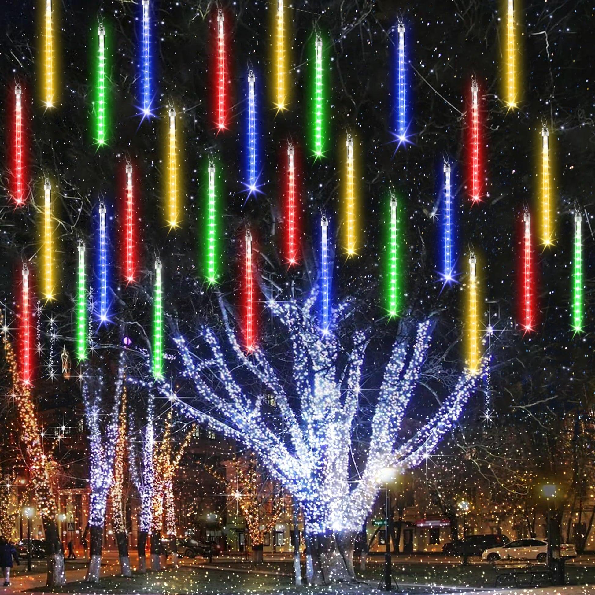 iBaycon 20 Tubes 480 LED Meteor Shower Rain Lights, 11.8 inches Cascading Icicle Lights Waterproof Outdoor, Connectable Falling Raindrop Lights with Timer for Holiday Party Christmas Decorations