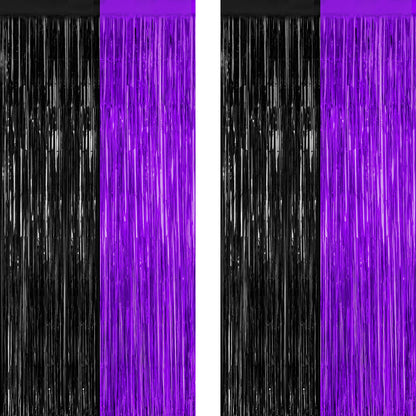 2 Pack Halloween Backdrop, 3.28 FT x 7.05 FT Foil Fringe Curtains, Orange Purple Black Party Streamer Tinsel Backdrop Curtains, Halloween Decorations Door Decor Photo Props Party Supplies