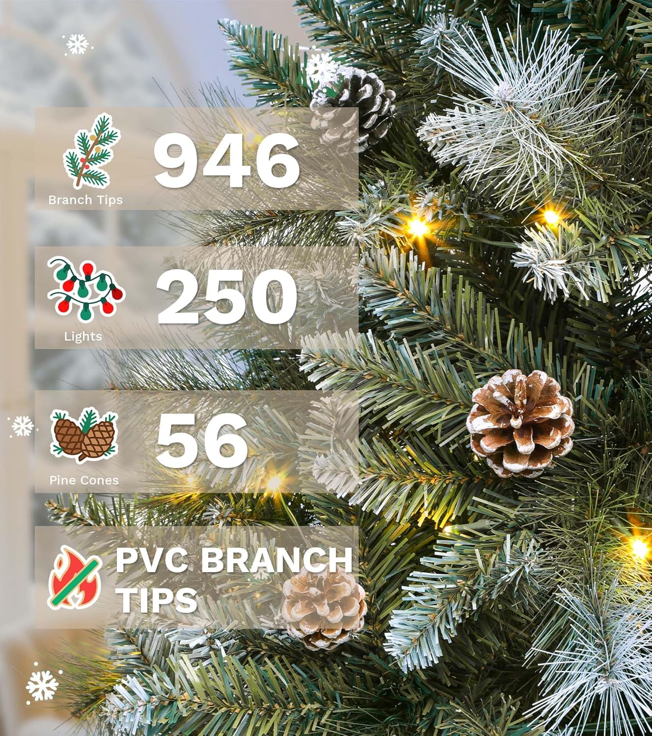 DWVO Prelit Christmas Tree 6ft with 56 Pine Cones & White Pine Needle, Atificial Tree with 250 LED Lights, Full Green Xmaxs Trees with 946 Metal Hinged Branch Tips & Stand Remote Controlled