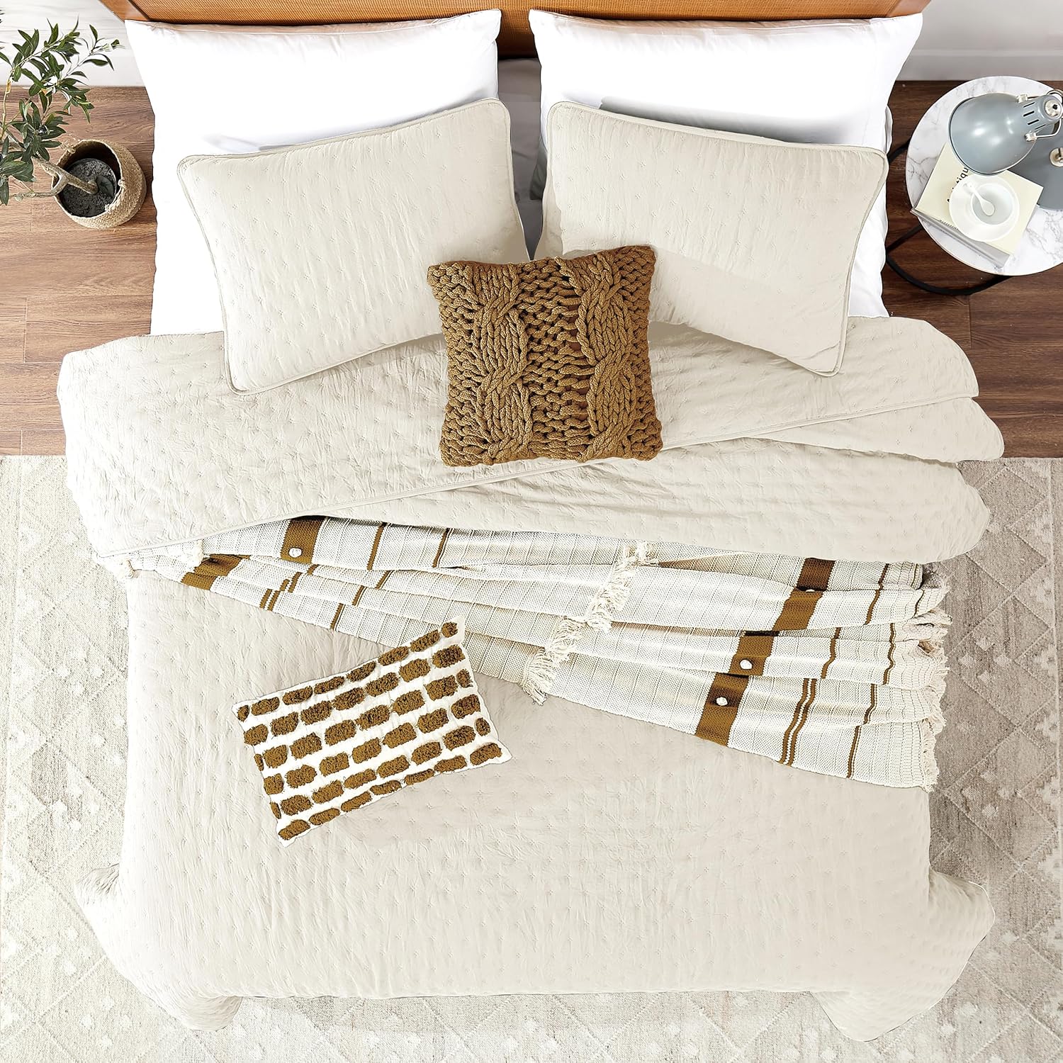 ROARINGWILD Ivory Queen Size Quilt Bedding Sets with 2 Pillow Shams, Full Cream Lightweight Soft Bedspread Coverlet, Thin Comforter Bed Cover for All Season, 3 Pieces, 90x90 inches