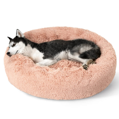 Bedsure Calming Dog Bed for Small Dogs - Donut Washable Small Pet Bed, 23 inches Anti-Slip Round Fluffy Plush Faux Fur Large Cat Bed, Fits up to 25 lbs Pets, Camel