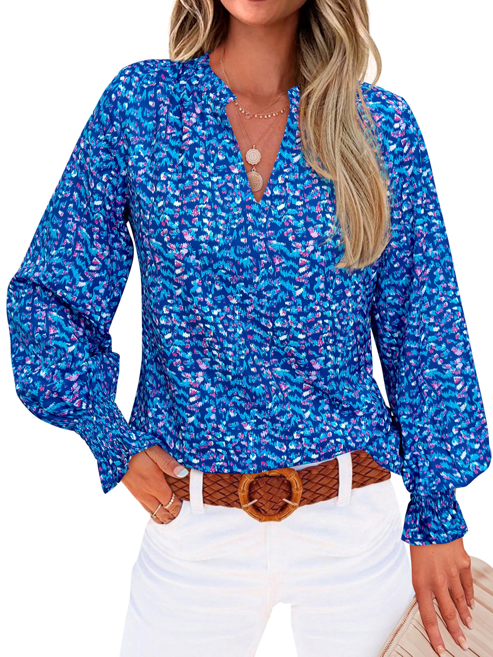 MASCOMODA Womens V Neck Floral Long Sleeve Tops 2025 Summer Casual Loose Puff Sleeve Chiffon Boho Work Blouse Dressy T Shirts