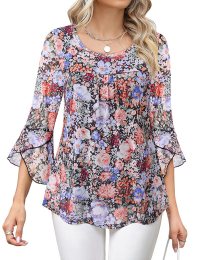 Bebonnie Women's Ruffle 3/4 Sleeve Elegant Dressy Blouses Crew Neck Double Layers Mesh Tunic Tops