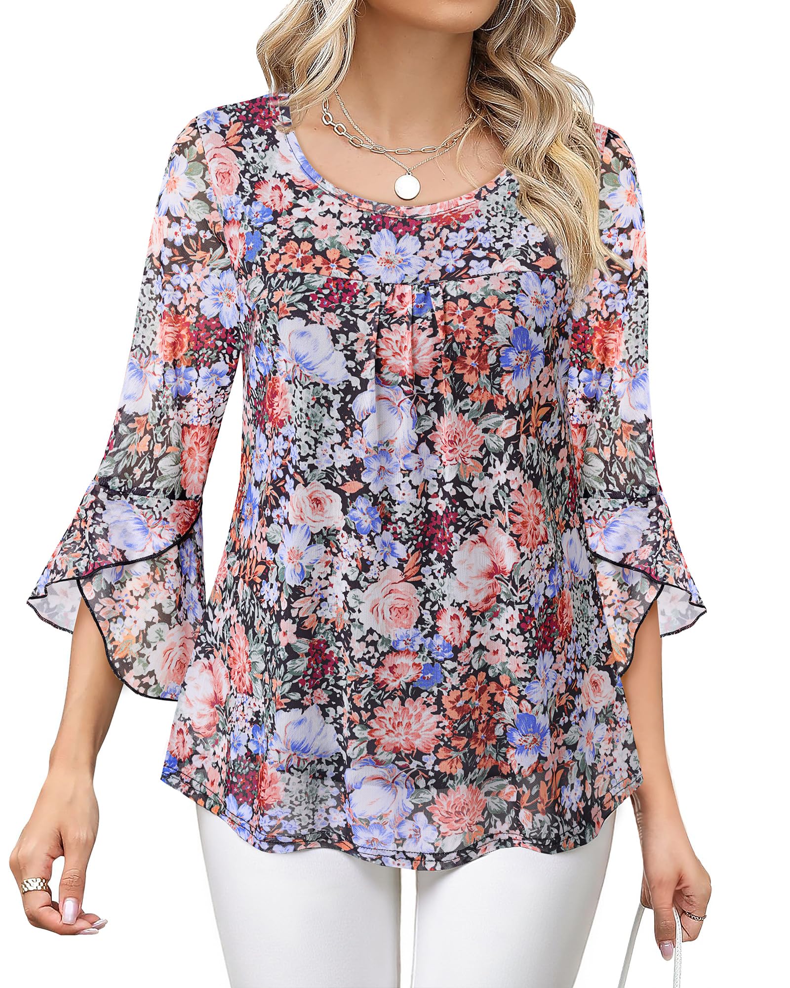 Bebonnie Women's Ruffle 3/4 Sleeve Elegant Dressy Blouses Crew Neck Double Layers Mesh Tunic Tops