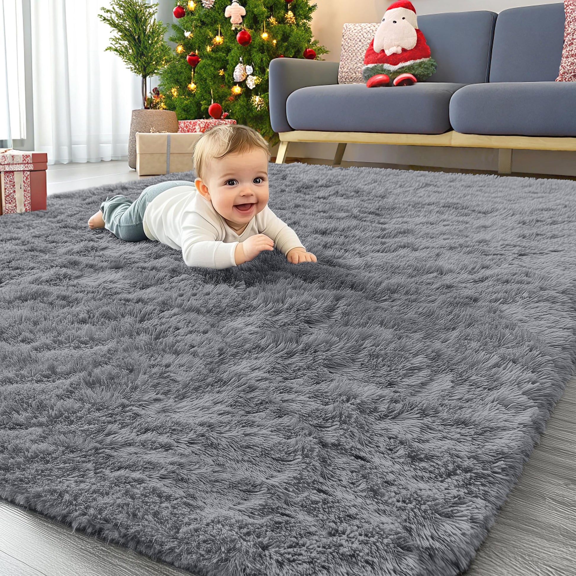 OLANLY Area Rugs for Living Room Bedroom, Machine Washable 4x5.9 ft Soft Fluffy Shaggy Bedside Rug, Indoor Floor Carpet for Kids Girls and Boys, Dorms, Nursery Rooms, Home Decor Aesthetic, Grey