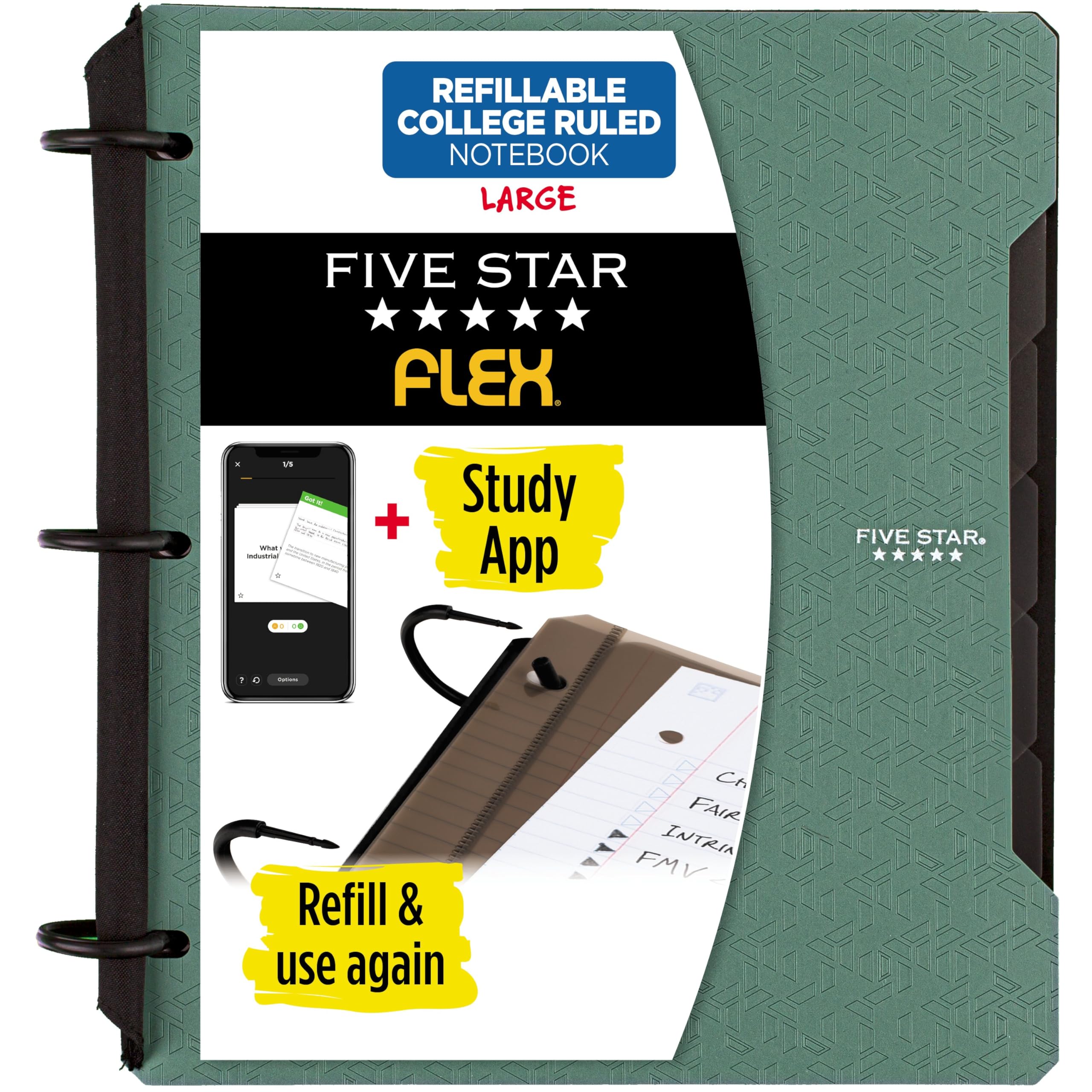 Five Star Flex Refillable Notebook + Study App, College Ruled Paper and 1 Inch TechLock Ring Binder with Pockets, Tabs and Dividers, 200 Sheet Capacity, Black (29328AA2)