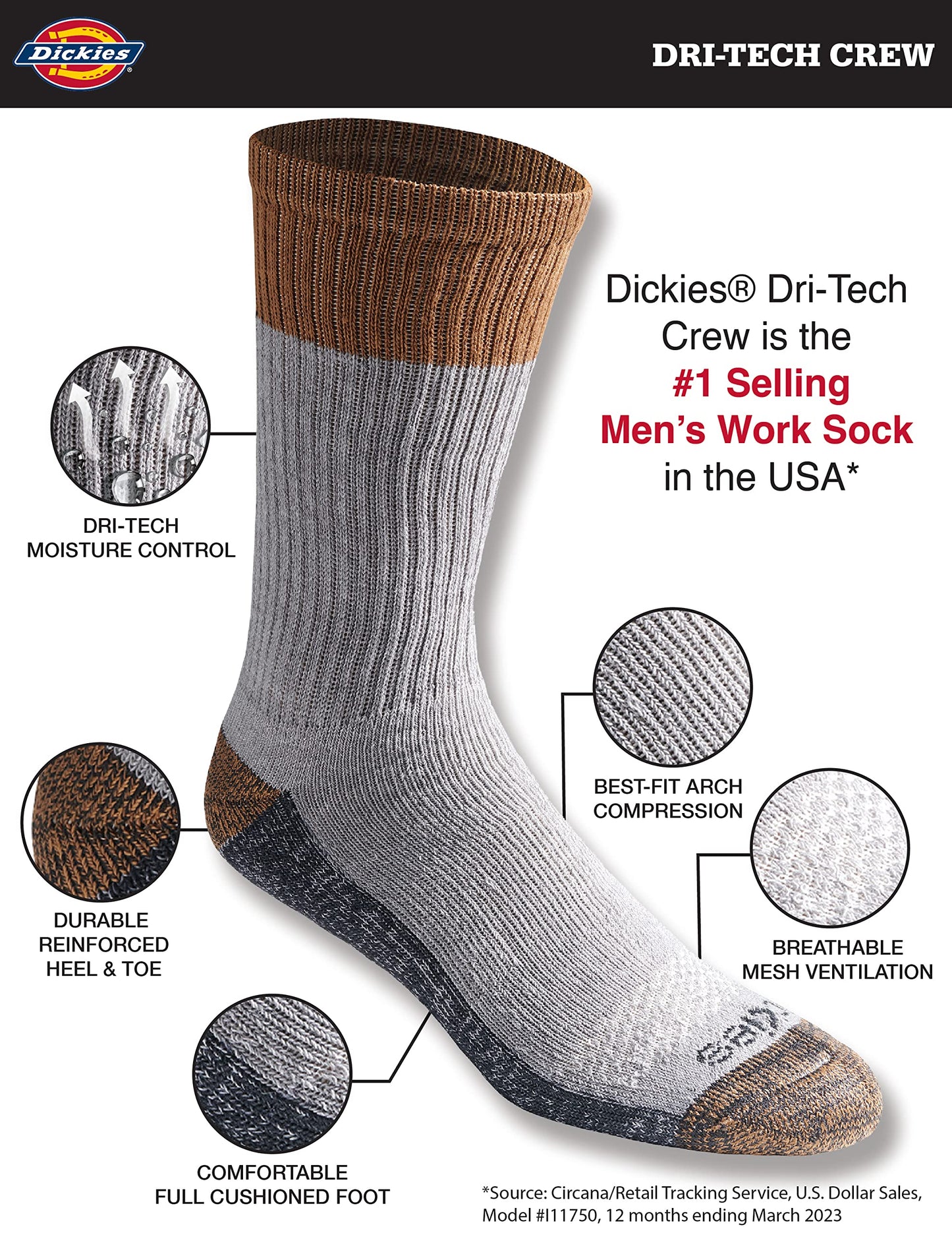 Dickies Men's Dri-Tech Original Moisture Control Crew Socks, Available in M-XXL (6, 12, 18 Pairs)