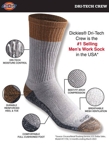 Dickies Men's Dri-Tech Original Moisture Control Crew Socks, Available in M-XXL (6, 12, 18 Pairs)