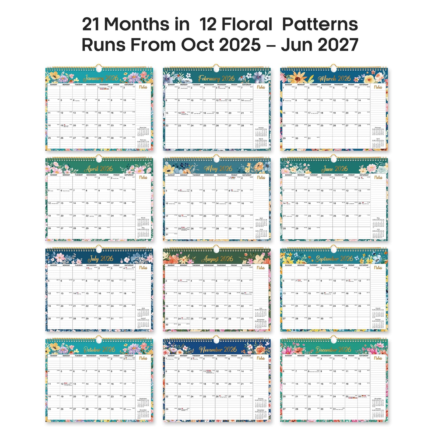 2026 Calendar, Monthly Wall Calendar from October 2025 to June 2027, 11.5" x 14.7", Spiral Binding Hanging Wall Calendar, Perfect for Home or Office,Floral