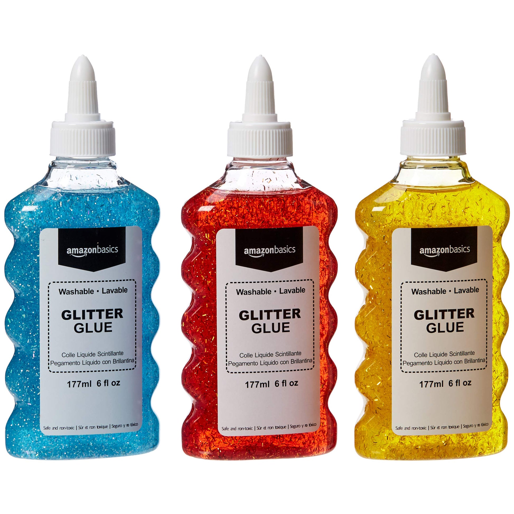Amazon Basics Liquid Washable Glitter Glue, Assorted Colors (Purple Pink Red Blue), 177ml, 6 oz Each, 4-Count