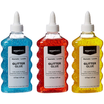 Amazon Basics Liquid Washable Glitter Glue, Assorted Colors (Purple Pink Red Blue), 177ml, 6 oz Each, 4-Count