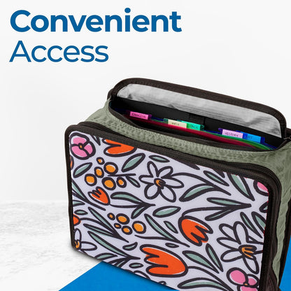 Case-it Mighty Zip Tab School Zipper Binder | 3-Inch O-Rings, 600-Sheet Capacity, 5-Subject Expanding File Folder, Multiple Pockets & Storage Organizer, Shoulder Strap | D-146 Fun Flowers