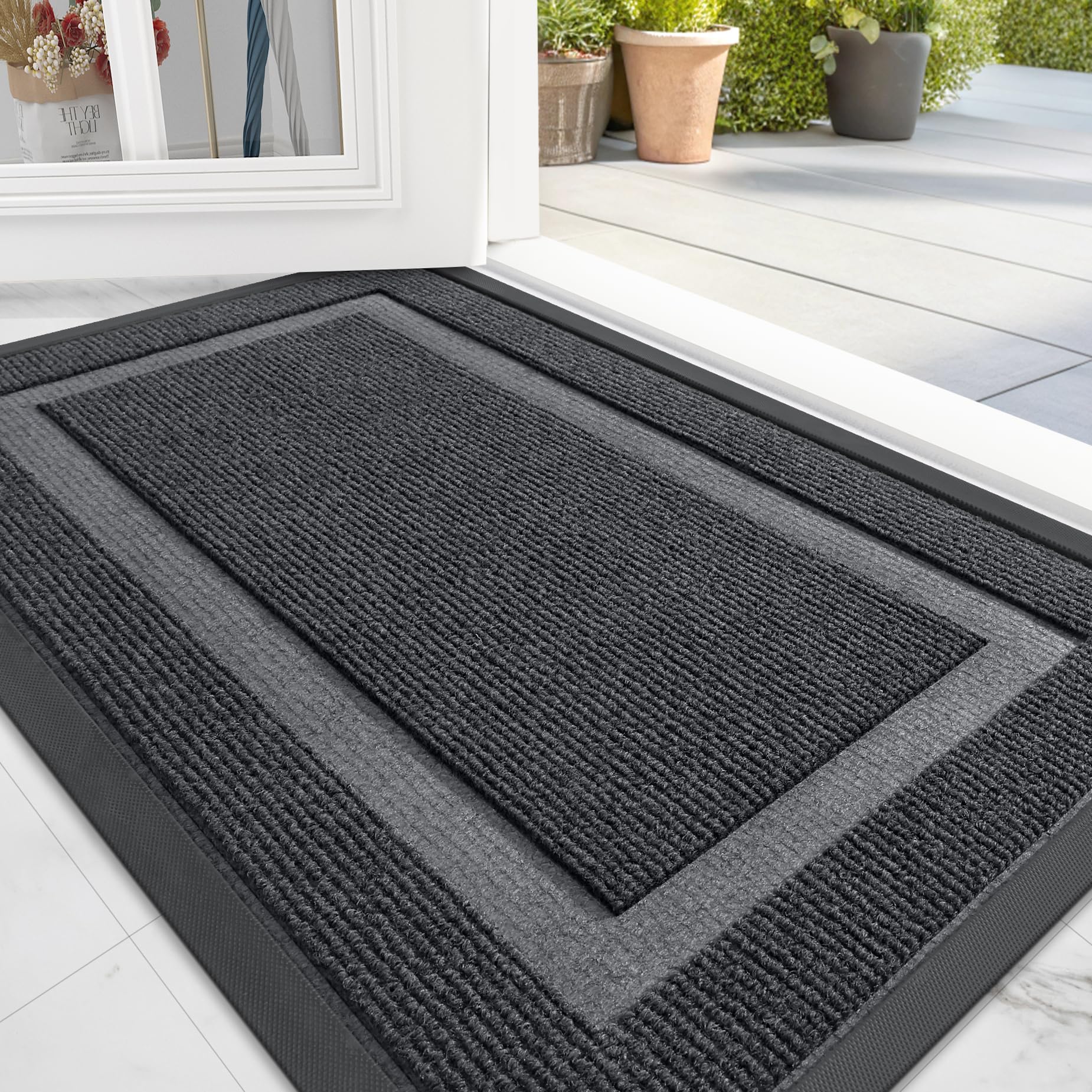 OLANLY Front Door Mat Indoor Outdoor Entrance, Waterproof All-Season, All-Weather Doormat, Sturdy Natural Rubber, Fade Resistant, Low Profile, Easy Clean Patio Porch Entryway Mat, 29.5x17, Black
