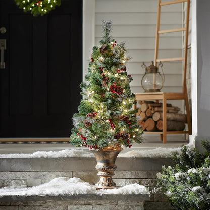 National Tree Company 4 ft Pre-Lit Crestwood Spruce Mini Artificial Christmas Entrance Tree, 100 Clear Lights, 230 Tips, Glitter, Pinecones, Red Berries, Gold Rubbed Pedestal Base, Green