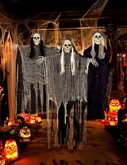 3 Pack Hanging Halloween Skeleton Ghosts Decor - Grim Reapers Flying Ghost with Adjustable Arms for Haunted House Prop Party Indoor Halloween Decorations Outdoor