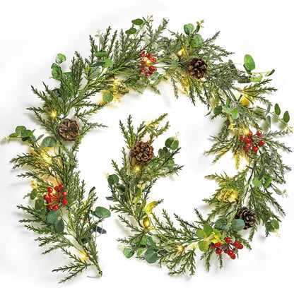 Brightown Pre-lit Christmas Garland with Lights, 6 Feet 20 LED Battery Operated Christmas Lights with Pine Cones, Berry, Eucalyptus Leaves, Indoor Christmas Decorations for Stairs, Fireplace, Door