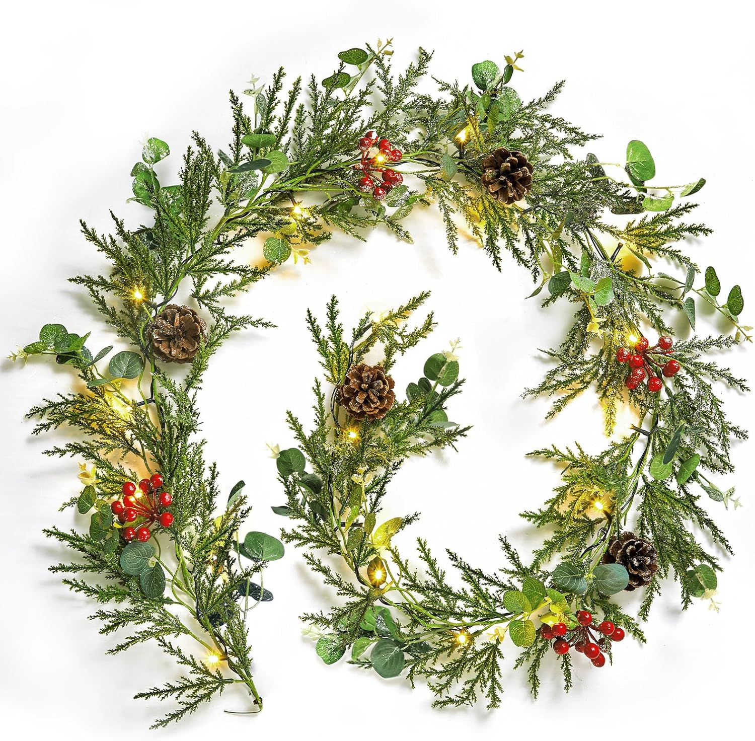 Brightown Pre-lit Christmas Garland with Lights, 6 Feet 20 LED Battery Operated Christmas Lights with Pine Cones, Berry, Eucalyptus Leaves, Indoor Christmas Decorations for Stairs, Fireplace, Door