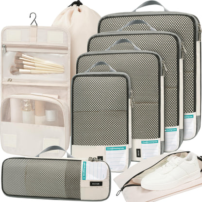 BAGAIL 4 Set/6 Set/8 Set Compression Packing Cubes Travel Accessories Expandable Packing Organizers (Half Mesh, 6-Black)