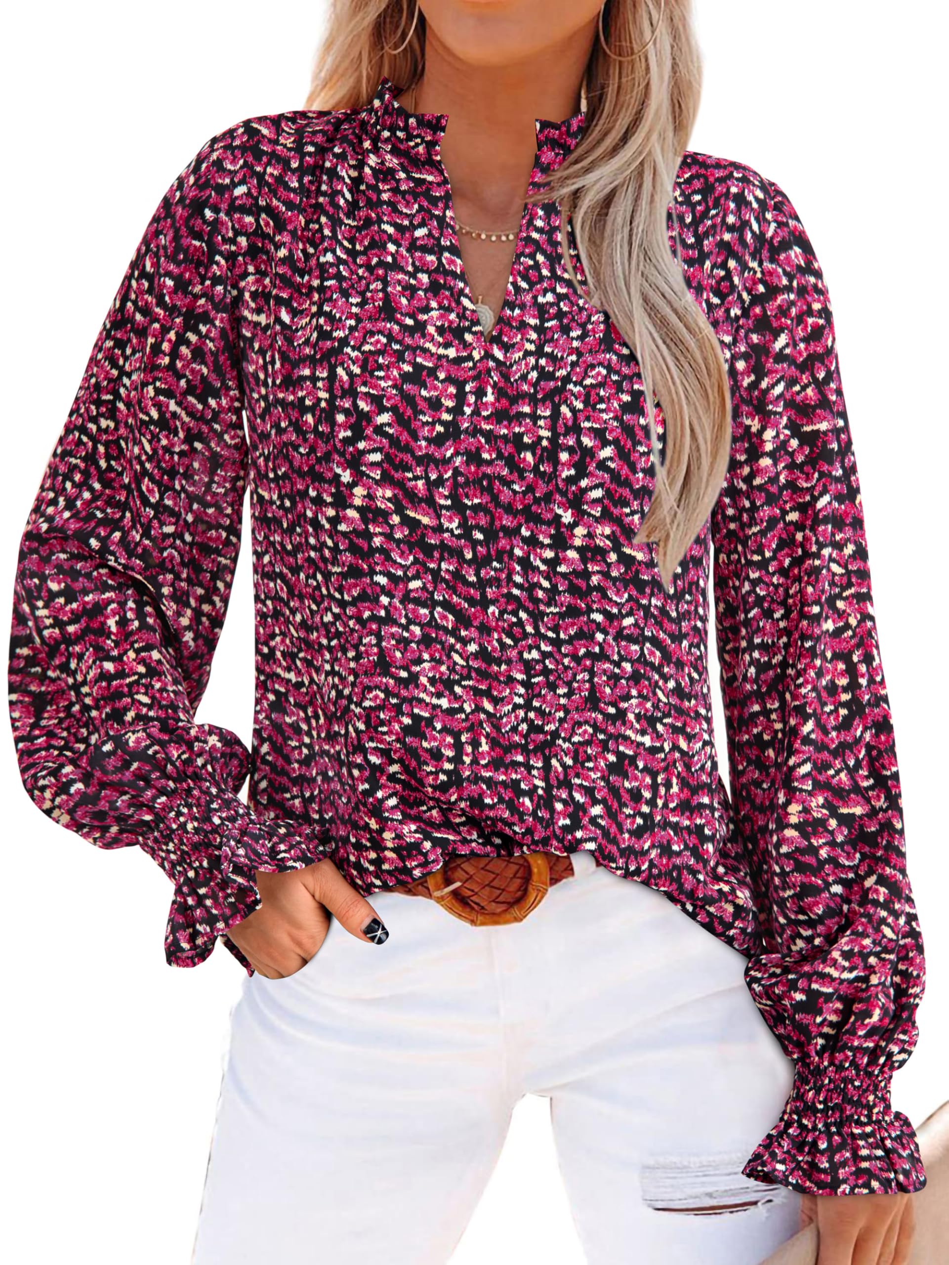 MASCOMODA Womens V Neck Floral Long Sleeve Tops 2025 Summer Casual Loose Puff Sleeve Chiffon Boho Work Blouse Dressy T Shirts