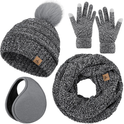 Winter Hat Scarf Gloves and Ear Warmer, Warm Knit Beanie Hat Touch Screen Gloves Set Winter Gifts Neck Scarves for Women