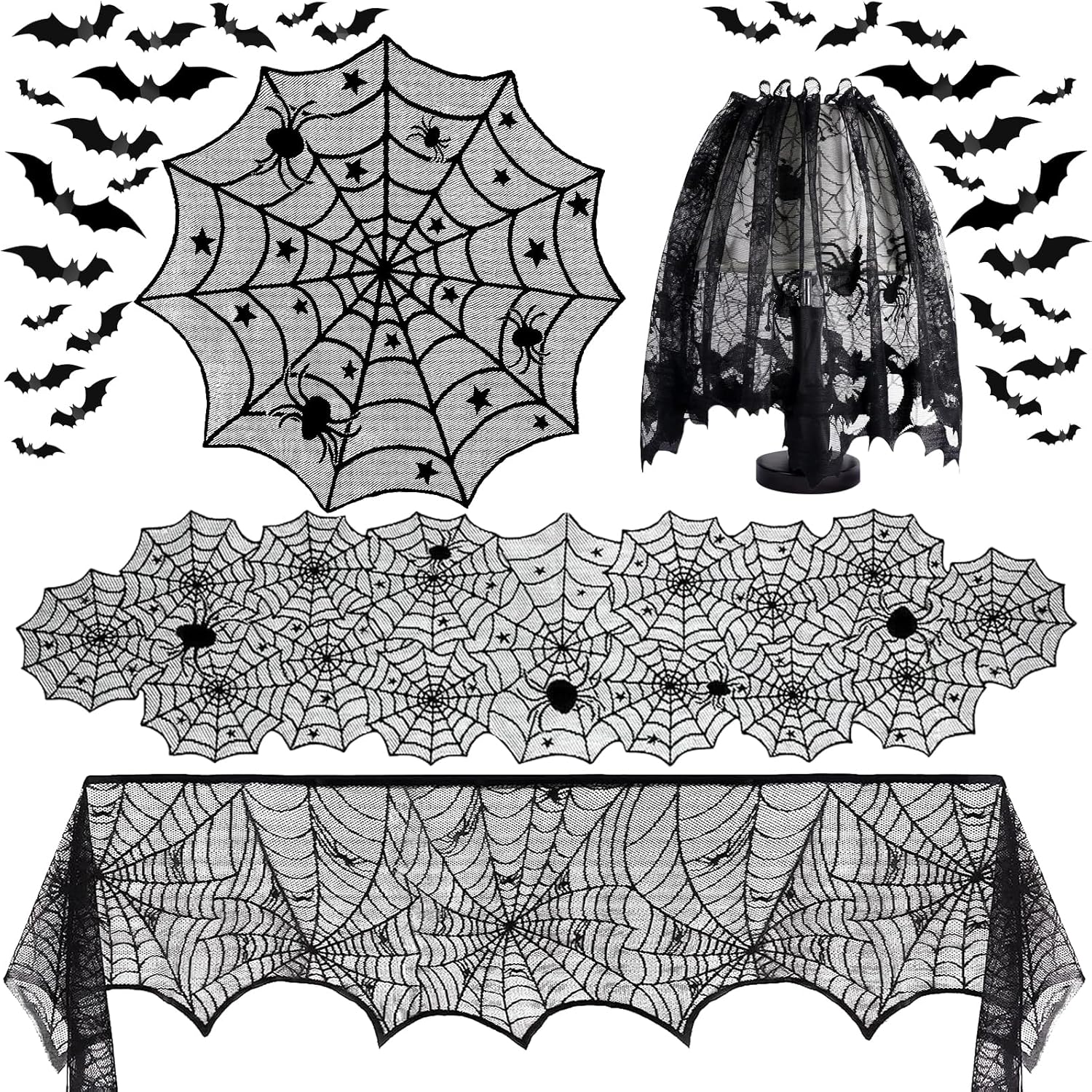 5Pack Halloween Decorations Indoor Halloween Decor Black Lace Table Runner Fireplace Mantel Scarf Round Tablecloth Cobweb Lampshade with 32 Pcs 3D Bat Wall Stickers